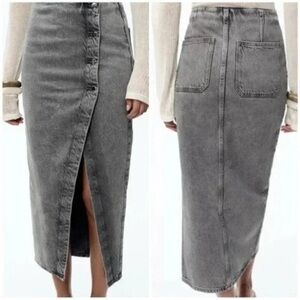Zara Washed Grey Button-Front Midi Denim Skirt